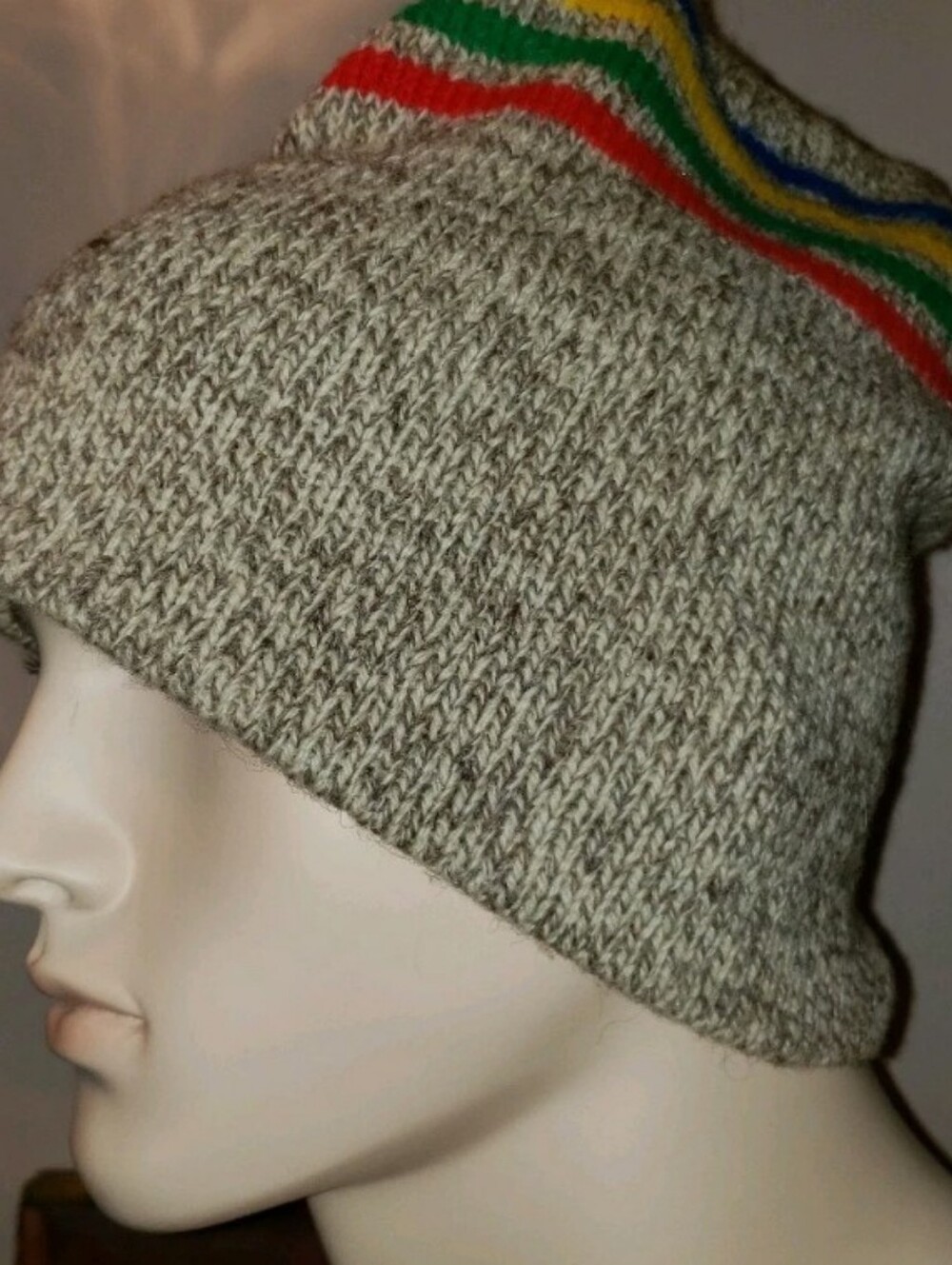 Neutral Knit Heavy Wool Beanie with Multicolor Stripe Accent